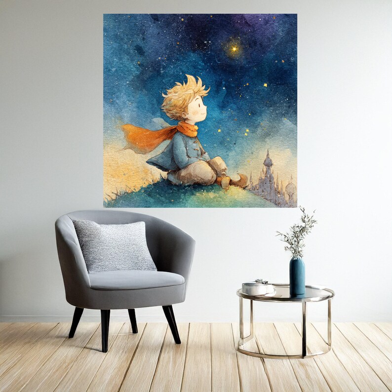 The Little Prince Stargazing Canvas, Whimsical Child Illustration, Fantasy Night Sky Wall Art, Dreamy Kids Room Decor, Hand Painted Style image 6