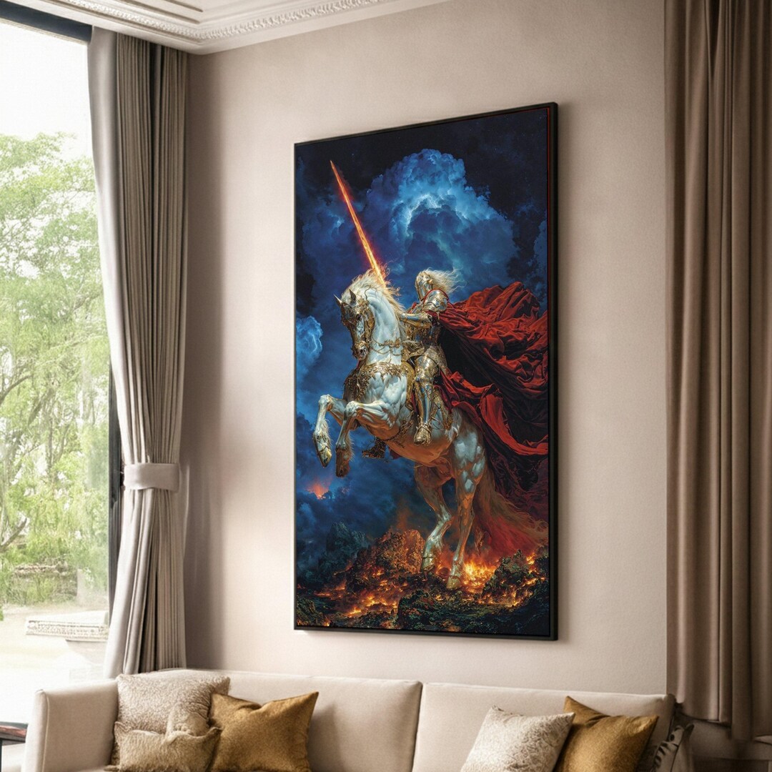 Epic Armored Knight on White Horse Canvas Wall Art, Fantasy Warrior ...