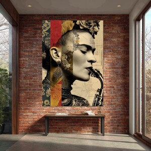 Frida Kahlo artistiek portret canvas, vintage stijl muurkunst, saxofoon muziekthema, Mexicaans icoon huisdecor, moderne boho canvasafdruk afbeelding 6