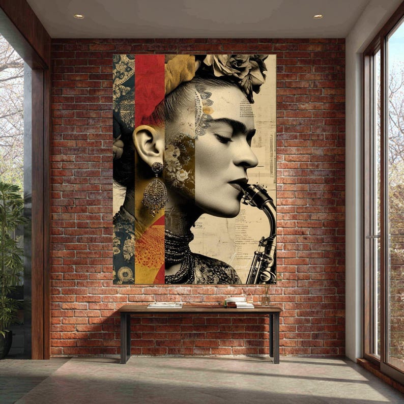 Frida Kahlo artistiek portret canvas, vintage stijl muurkunst, saxofoon muziekthema, Mexicaans icoon huisdecor, moderne boho canvasafdruk afbeelding 6