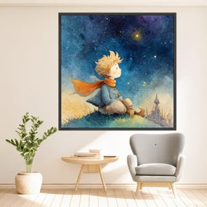 The Little Prince Stargazing Canvas, Whimsical Child Illustration, Fantasy Night Sky Wall Art, Dreamy Kids Room Decor, Hand Painted Style image 3