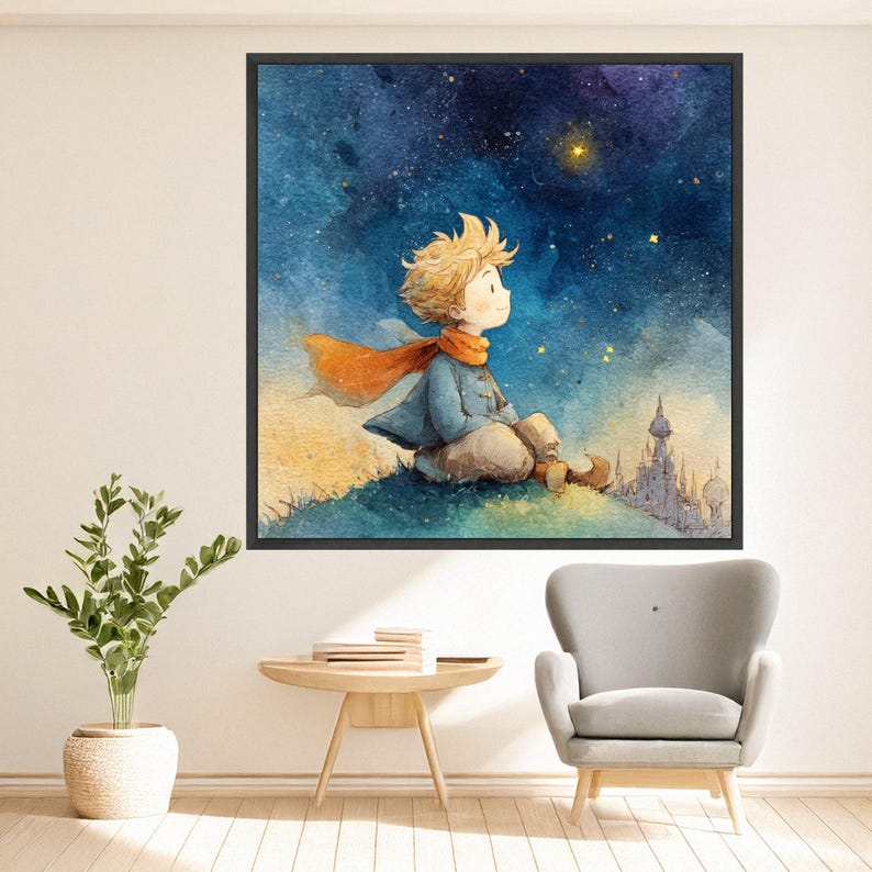 The Little Prince Stargazing Canvas, Whimsical Child Illustration, Fantasy Night Sky Wall Art, Dreamy Kids Room Decor, Hand Painted Style image 3
