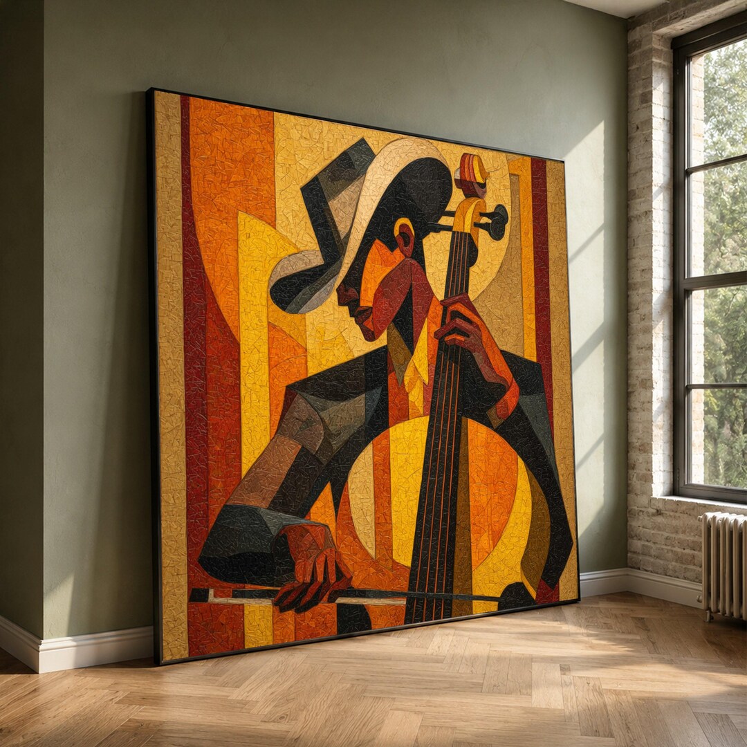 Jazz Musician Playing Cello Canvas, Abstract Cubism Wall Art, Vibrant ...