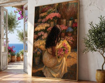 Woman with Flowers Bouquet, Vintage Floral Canvas Wall Art, Romantic Garden Scene, Soft Pastel Home Decoration, Classic Impressionist Style