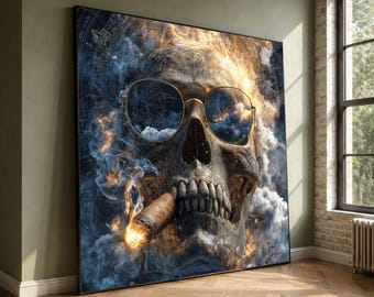 Dark Skull with Sunglasses and Lit Cigar Canvas, Gothic Wall Art, Fiery Smoke Skull Decoration, Edgy Home Canvas Art, Modern Skull Artwork