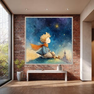 The Little Prince Stargazing Canvas, Whimsical Child Illustration, Fantasy Night Sky Wall Art, Dreamy Kids Room Decor, Hand Painted Style image 5