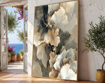 Abstracte bloemen canvas muurkunst, interieur in neutrale tinten, wervelend schilderij, modern natuurkunstwerk, elegante woonkamercanvas