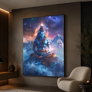 Meditative Shiva Canvas Art, Cosmic Lord Artwork, Spiritual Yoga Decor, Mountain Landscape, Trident Symbol
