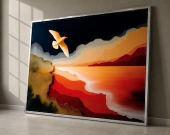 Cuadro de paisaje marino con gaviotas al atardecer, decoración abstracta de pared con vista al océano.