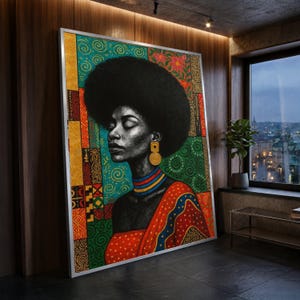 Elegant Afrocentric Woman Portrait Canvas, African Pattern Wall Art, Vibrant Ethnic Design, Colorful Home Decoration, Modern Cultural Canvas