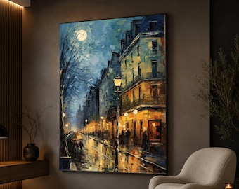 Leonid Afremov Evening Cityscape Canvas, Rainy Street Scene Wall Art, Romantic Urban Landscape, City Lights Reflection Canvas, Modern Home