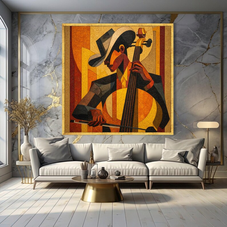 Jazz Musician Playing Cello Canvas, Abstract Cubism Wall Art, Vibrant ...