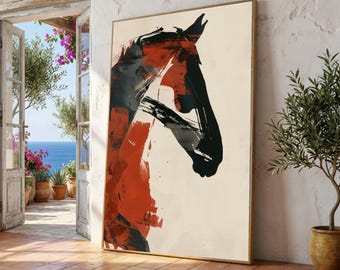 Abstract canvas portret paard, moderne dierenmuurkunst, gewaagde penseelstreek, decor rustiek huis, canvasafdruk ruitersport