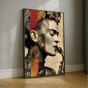 Frida Kahlo artistiek portret canvas, vintage stijl muurkunst, saxofoon muziekthema, Mexicaans icoon huisdecor, moderne boho canvasafdruk afbeelding 1