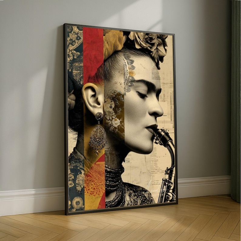 Frida Kahlo artistiek portret canvas, vintage stijl muurkunst, saxofoon muziekthema, Mexicaans icoon huisdecor, moderne boho canvasafdruk afbeelding 1