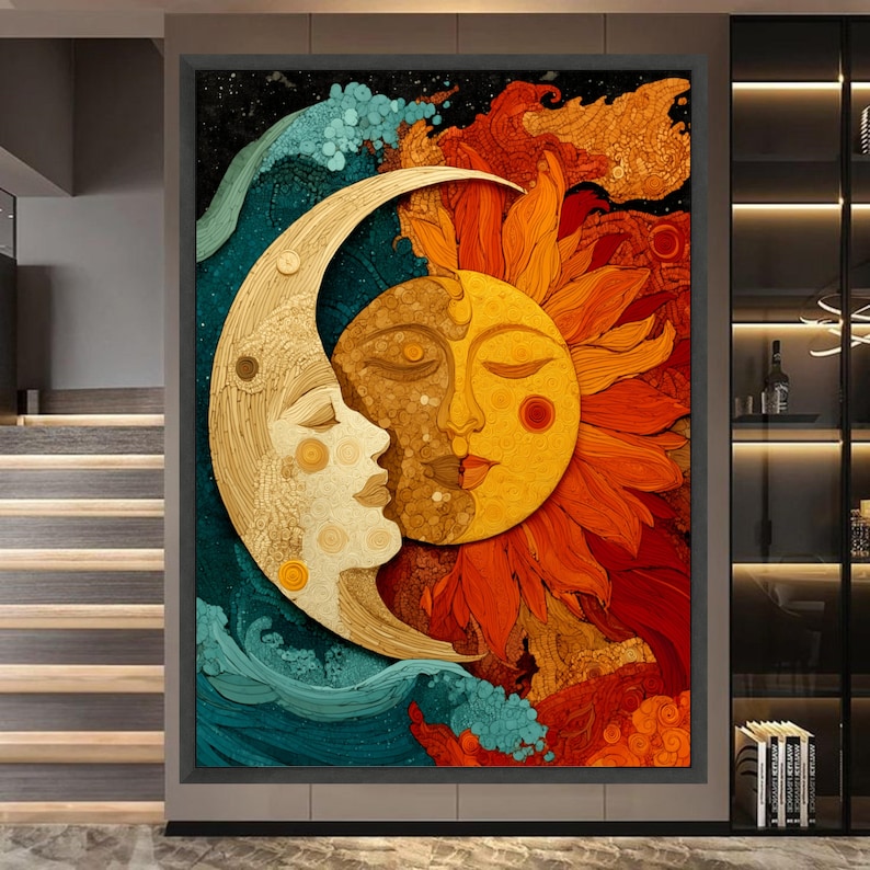Abstract Sun and Moon Faces Canvas, Celestial Wall Art, Mystic ...