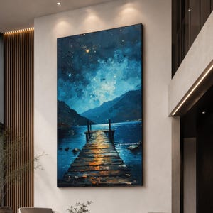 Tranquil Night Lake View Canvas, Starry Sky Art, Wooden Dock Painting, Blue Mountain Landscape Canvas, Moonlight Reflection Wall Art