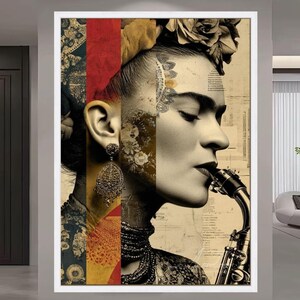 Frida Kahlo artistiek portret canvas, vintage stijl muurkunst, saxofoon muziekthema, Mexicaans icoon huisdecor, moderne boho canvasafdruk afbeelding 4