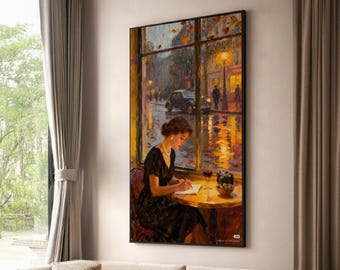 Vintage Woman Writing at Cafe, Rainy Evening Scene Canvas, Retro Cityscape Wall Art, Romantic Home Decoration, Nostalgic Canvas Print