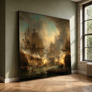 Historic Naval Battle Scene Canvas, Sailing Ships in Combat, Maritime War Painting, Vintage Sea Battle Art, Dramatic Ocean Warfare Canvas