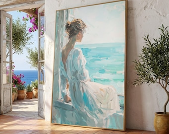 Contemplative Woman by Seaside Canvas, Impressionist Art, Serene Ocean View Painting, Relaxing Coastal Wall Decor, Modern Canvas Artwork