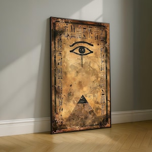 Altes Ägyptisches Auge des Horus Leinwand, Pyramide Wandkunst, Hieroglyphen Dekor, Vintage Ägypten Symbol Leinwand, Mystische Geschichte Kunstwerk
