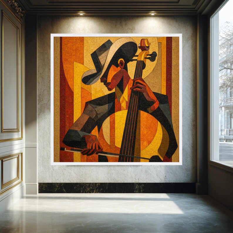 Jazz Musician Playing Cello Canvas, Abstract Cubism Wall Art, Vibrant ...
