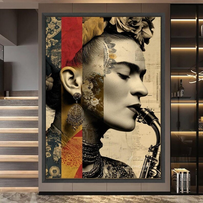 Frida Kahlo artistiek portret canvas, vintage stijl muurkunst, saxofoon muziekthema, Mexicaans icoon huisdecor, moderne boho canvasafdruk afbeelding 3