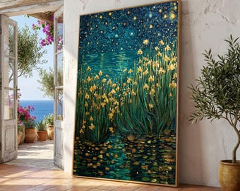 Starry Night Floral Canvas, Iris Flowers by Water, Impressionist Wall Art, Van Gogh Painting, Nature Scene Canvas Decor