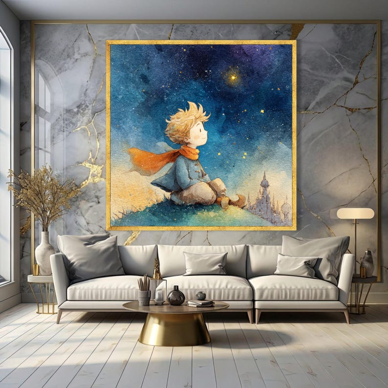 The Little Prince Stargazing Canvas, Whimsical Child Illustration, Fantasy Night Sky Wall Art, Dreamy Kids Room Decor, Hand Painted Style image 2