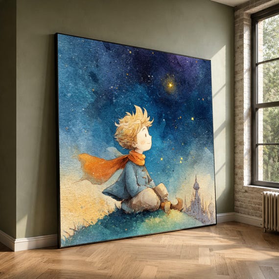 The Little Prince Stargazing Canvas, Whimsical Child Illustration, Fantasy Night Sky Wall Art, Dreamy Kids Room Decor, Hand Painted Style