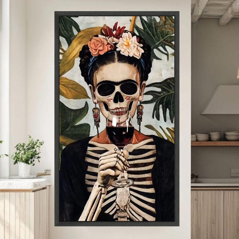 Frida Kahlo Skeleton Portrait Canvas, Day of the Dead Wall Art, Mexican ...