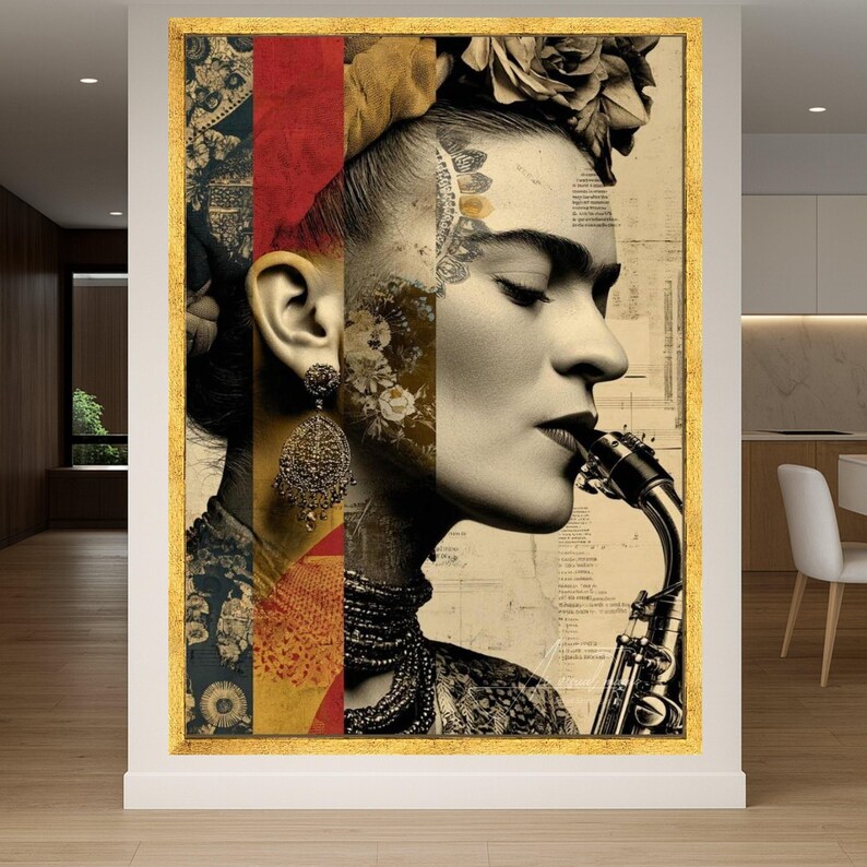 Frida Kahlo artistiek portret canvas, vintage stijl muurkunst, saxofoon muziekthema, Mexicaans icoon huisdecor, moderne boho canvasafdruk afbeelding 2