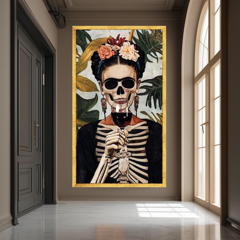 Frida Kahlo Skeleton Portrait Canvas, Day of the Dead Wall Art, Mexican ...