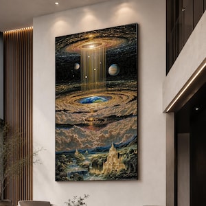 Cosmic Ascension Canvas, Surreal Galaxy Art, Planetary Orbit Wall Decor, Celestial Universe Painting, Magical Fantasy Landscape Canvas