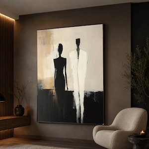 Modernes abstraktes Paar Leinwand, minimalistische schwarz weiße Figuren Wandkunst