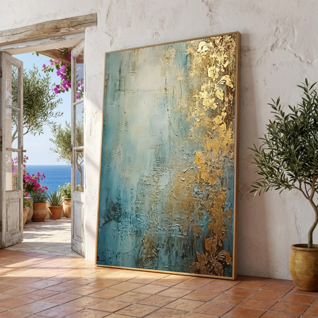 Abstract Blue and Gold Floral Canvas Art, Modern Metallic Wall Hanging ...