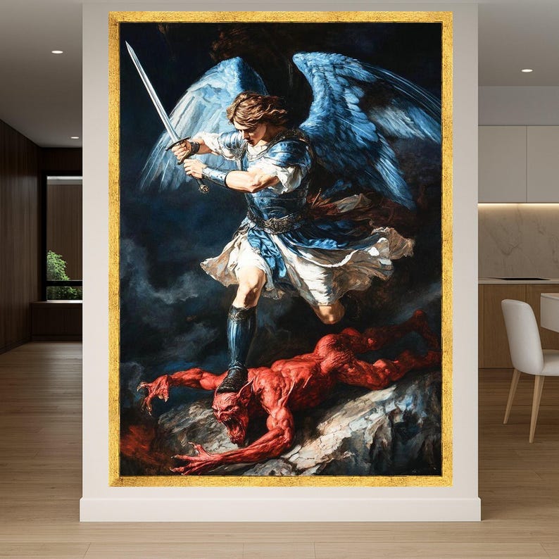 Archangel Michael Defeating Devil Canvas, Spiritual Warfare Art ...