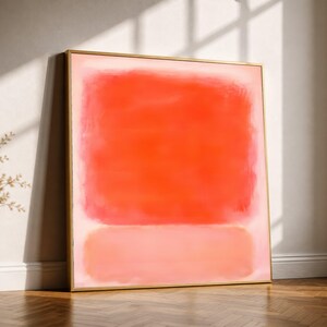 Lienzo abstracto en tonos coral cálido, arte mural minimalista moderno, impresión con degradado suave.