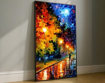 Levendige avondwandeling, canvas stadsstraatlantaarn, kleurrijke herfstbomen kunst aan de muur, abstract stadslandschap, reflectie canvas decor