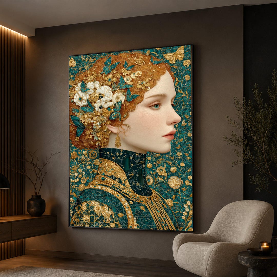 Gustav Klimt Woman Profile Canvas, Floral and Butterfly Wall Art ...