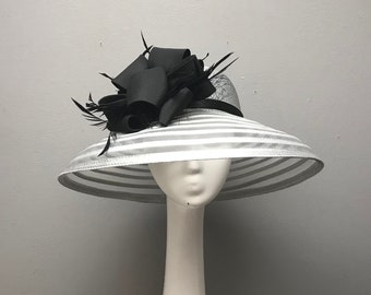 Silver and Black 6" BRIM Kentucky Derby Hat Horse Race Hat Bridal Shower Hat Church Hat Tea Party Hat Wedding Hat Sun Hat Fancy Hat