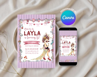 Fancy Nancy-verjaardagsuitnodiging: bewerkbare canvassjabloon digitale download voor kinderfeestje