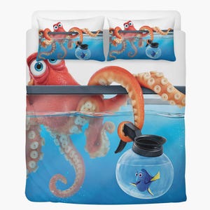 May include: A bedding set featuring a cartoon octopus with large eyes and orange tentacles. The octopus is in a tank with a blue background. A small fish is in a glass container. The pillowcases have the same design.