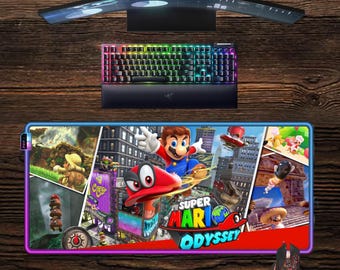 Super Mario Odyssey LED Mouse Pad: Video game RGB Gaming Desk Mat