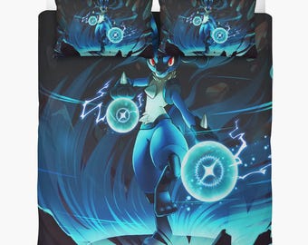 Funda nórdica Pokémon: Lucario. Juego de cama personalizado, 2 fundas de almohada + funda nórdica.