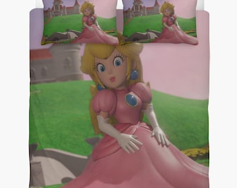 Funda nórdica Princesa Peach: Juego de cama personalizado de Super Mario, 2 fundas de almohada + funda nórdica