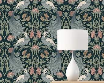 May include: Dark teal wallpaper with a repeating pattern of stylized birds with long, flowing gray tail feathers, perched among pink flowers and green foliage. A white lamp and cabinet are in the foreground.