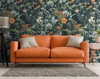 Wildflower Peel and Stick Wallpaper, Dark Botanical Mural, Vintage Floral Self Adhesive, Cottagecore Accent Wall Decor by Bespoken Walls