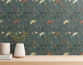 Green and Beige Wildflowers Floral Peel & Stick Wallpaper, Vintage Botanical Mural, Wild Herbs Flowers Removable Self Adhesive Wall Decor